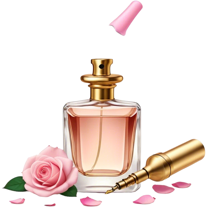 A vintage perfume bottle with a golden atomizer, surrounded by soft pink rose petals. emoji