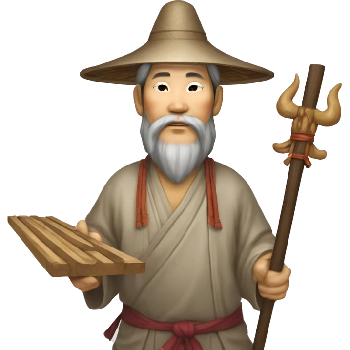 Lu Ban is a legendary figure in Chinese mythology, depicted as a clever craftsman often wearing wide robes, a broad-brimmed hat, and carrying woodworking tools. 🛠️🎩👕 emoji