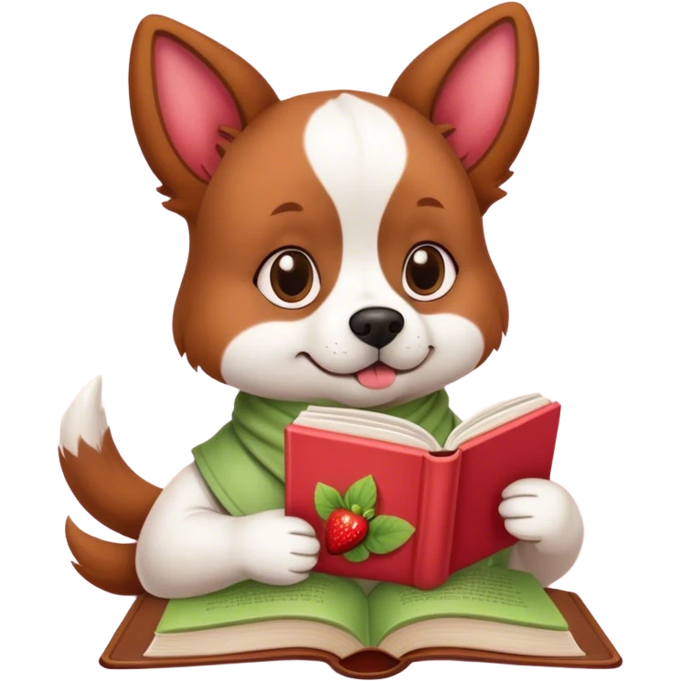 Dog reading a book with a strawberry matcha latte emoji