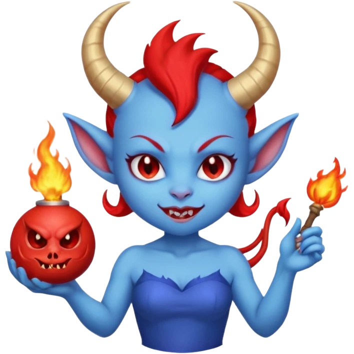 Female devil Cute blue imp holding fireball,  cute face, half body emoji