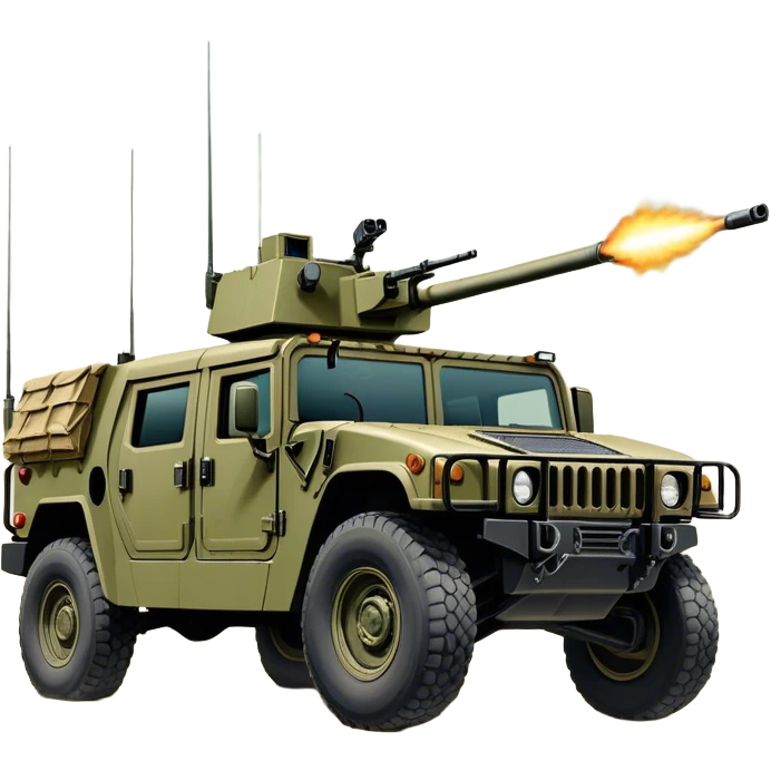 Humvee (2005) – Cinematic-realistic Humvee, its rugged olive-green frame bouncing over rough desert terrain. Soldiers grip their weapons tightly as the turret gunner scans the horizon, dust kicking up behind the armored vehicle under the blazing midday sun, with distant radio chatter crackling through the air. emoji
