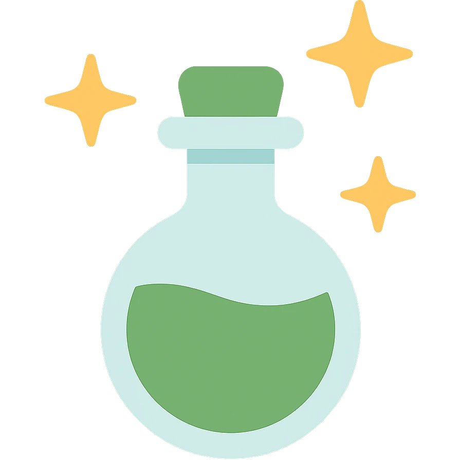 cute magic potion bottle stars are shining around add different details FA9B41, 4A7C5C,  emoji