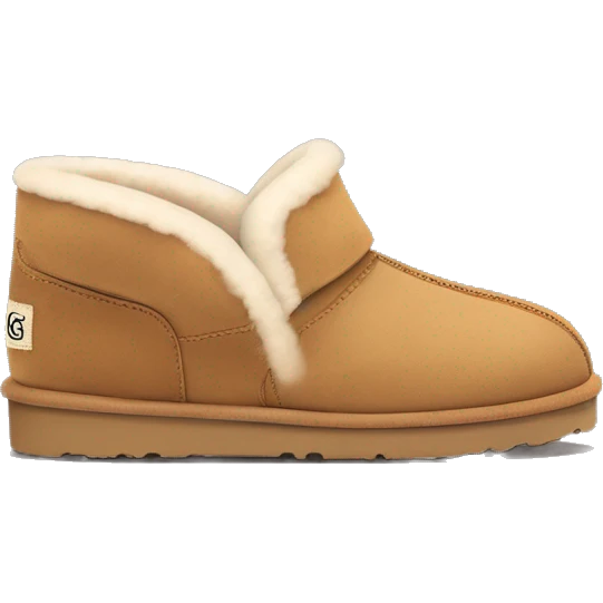 Ugg Camel slip-on slippers. red zig-zag stitch line encircling ankles, very chunky only platform sole. emoji