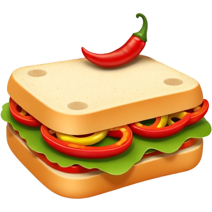 cute toy-like spicy sucuk sandwich object icon, rounded shapes, glossy texture, bright colors, sucuk slices visible, small chili pepper, 3D cartoon, mobile game icon style, clean background, no text, no watermark
 emoji