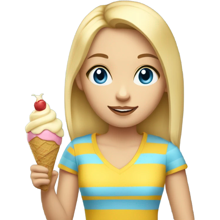 Girl with blonde hair, blue eyes, yellow striped shirt, holding vanilla ice cream cone emoji
