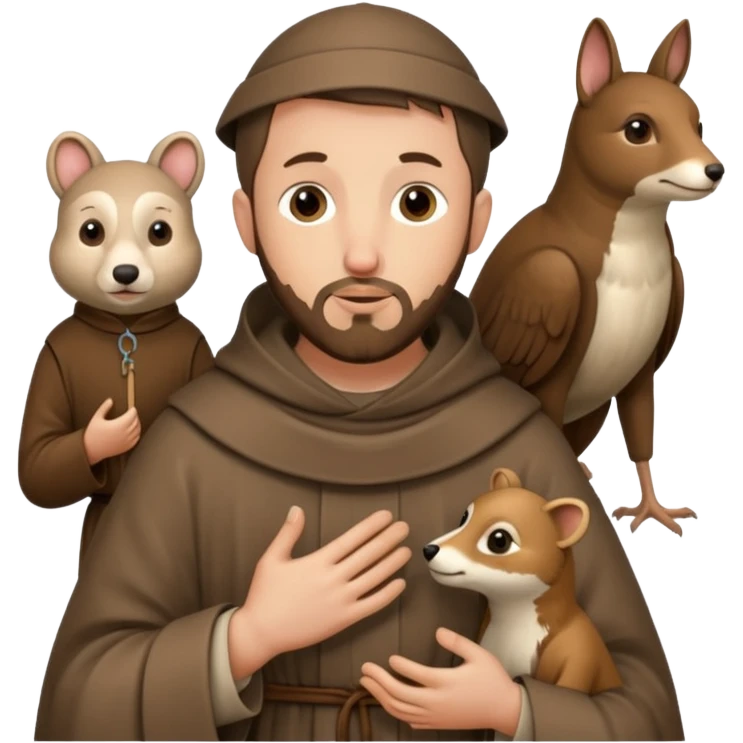 Saint Francis of Assisi cartoon modern type with animal to be used as an AI crfreation in HeyGen.com, please create a winter background emoji