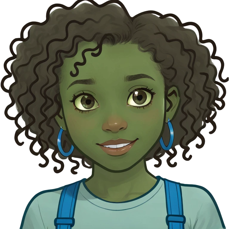 Black girl with dark brown curly hair with light brown highlights and blue braces and blue eyes emoji