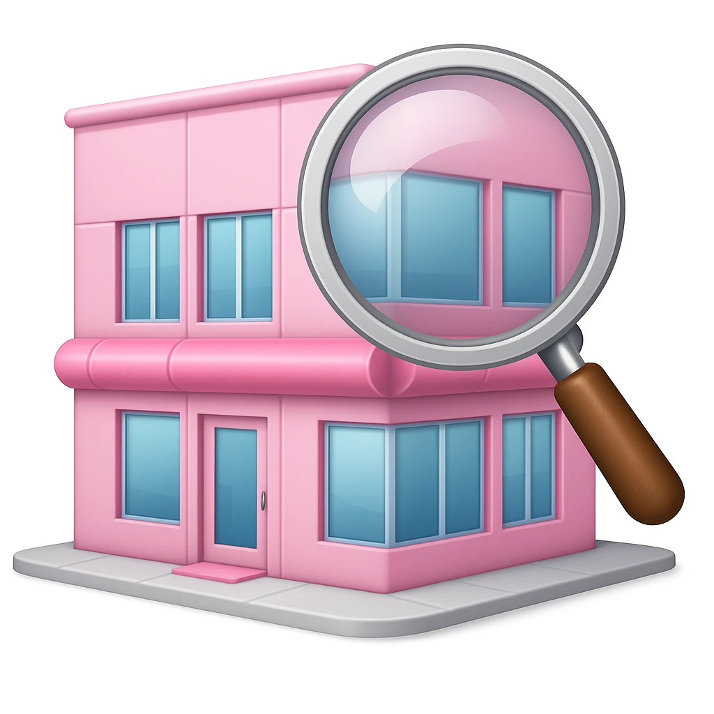 Make it apple style emojis: Add a magnifying glass over the partly pink, very stylish beauty salon building emoji