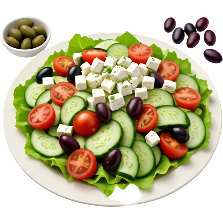 Cinematic Realistic Greek Salad Dish Emoji, depicted with crisp lettuce, tomatoes, cucumbers, olives, and feta cheese rendered with vibrant textures and fresh, natural lighting. emoji