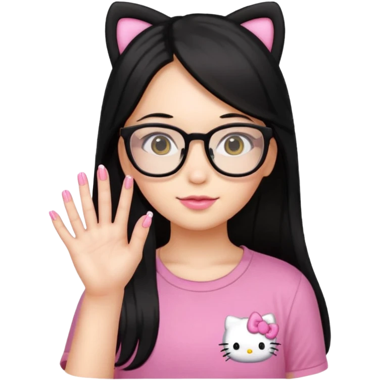 Nails cute hello kitty wear glasses black long  hair wear yello shirt emoji