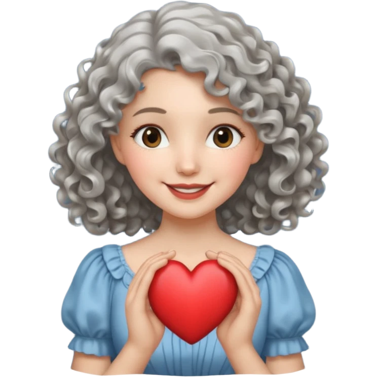 silvery curly/wavy shoulder-length hair smiling lady holding a heart thinner hair emoji