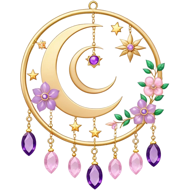 Epic beautiful gorgeous cute gold suncatcher, threads with shiny sparkly amethyst and rose-quartz gemstones, flowers, moons, stars, leaves emoji