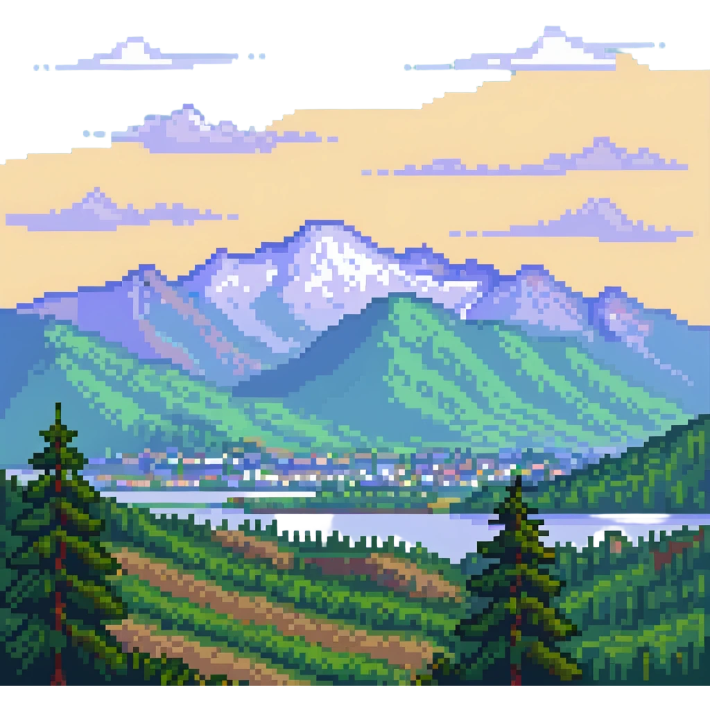 landscape of Nalchik with mountains in the background in pixel art style emoji