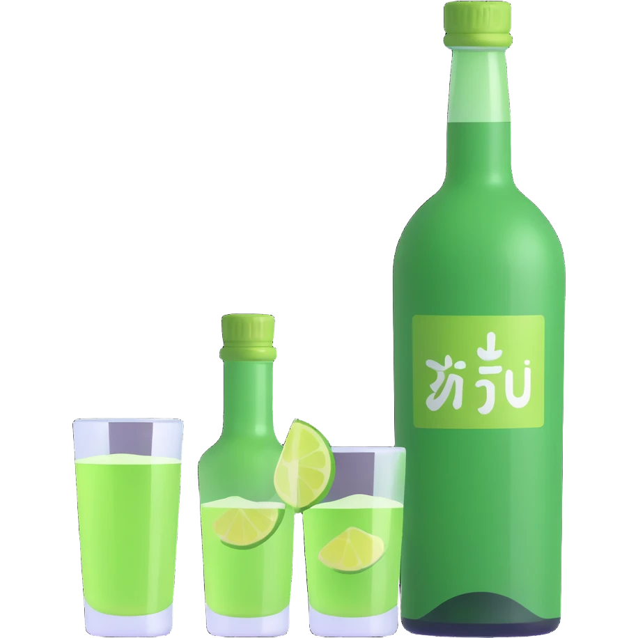apple style 3D emoji of a green soju bottle and a small glass, bright and cheerful emoji