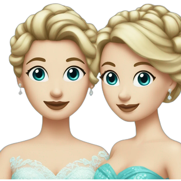 Bride with brown hair into a bun, blue eyes and a lace dress. Mother of the bride with blonde curls and a turquoise sequined dress. emoji