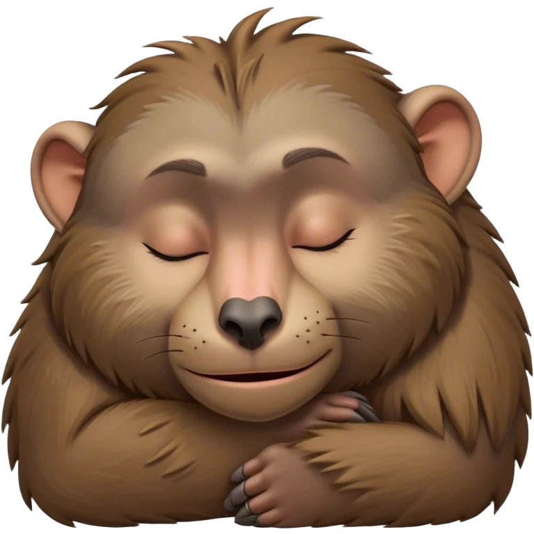 Meme-Worthy Cute Sleeping Baboon Portrait Emoji, Head resting peacefully with a contented smile, showcasing a robust build and a luxuriously soft Fur of earthy browns, eyes shut in a serene, restful nap, Simplified yet hilariously adorable features, highly detailed, glowing with a soft, drowsy light, high shine, relaxed and utterly lovable, stylized with an air of playful laziness, bright and heartwarming, soft glowing outline, capturing the essence of a comically sleepy baboon, so meme-worthy it feels like it could instantly become the next viral sensation of adorable slumber! emoji