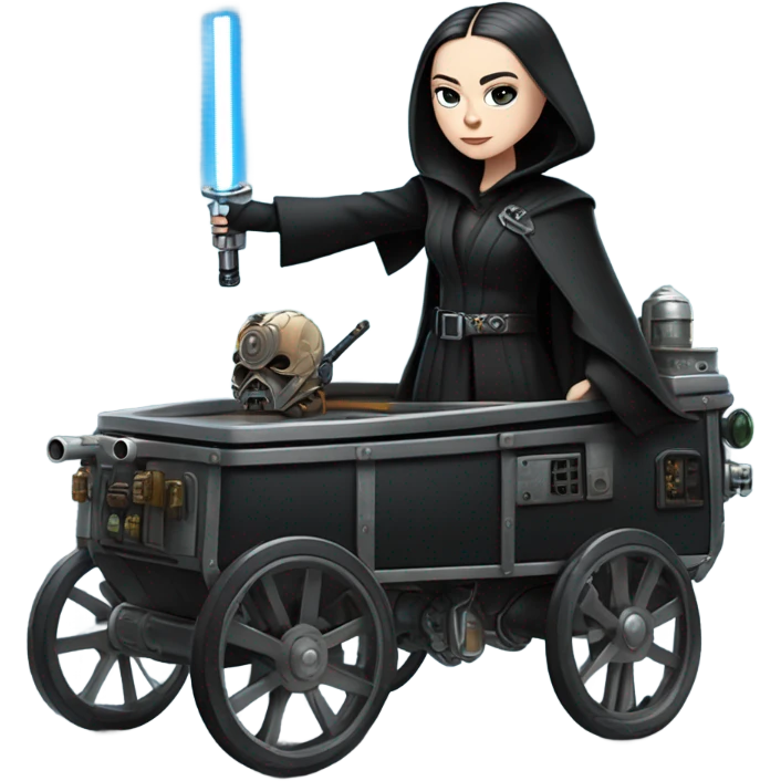 Wednesday Addams Jedi bounty hunter driving a modern blue and pewter steampunk electric wagon emoji