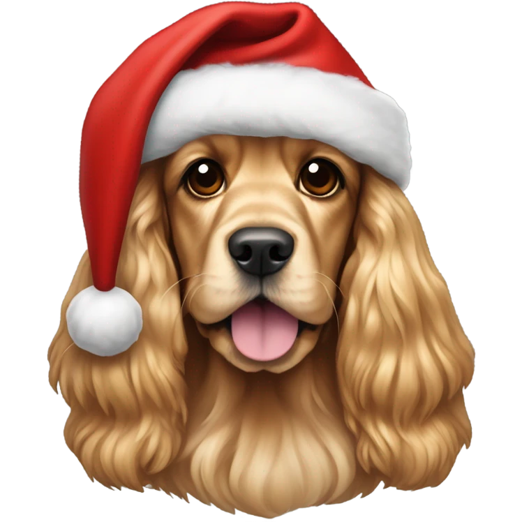 golden English cocker spaniel wearing a Santa hat emoji