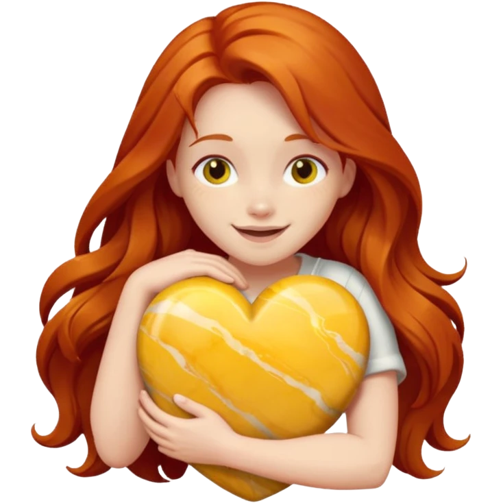 Happy long haired redhead hugging big yellow marble emoji