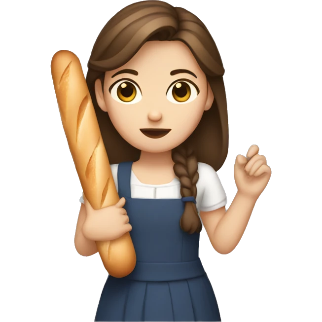 a french girl with brown hair and brown eyes holding a baguette, confused emoji