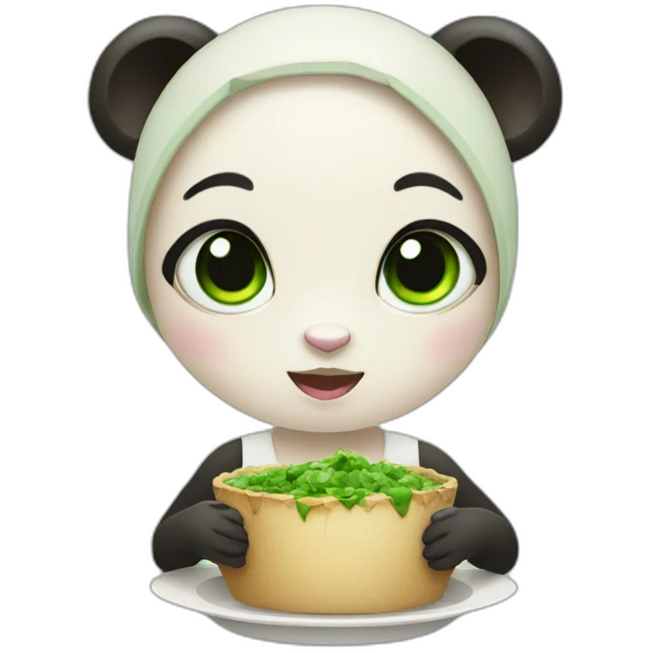 Green-eyed panda girl is eating emoji
