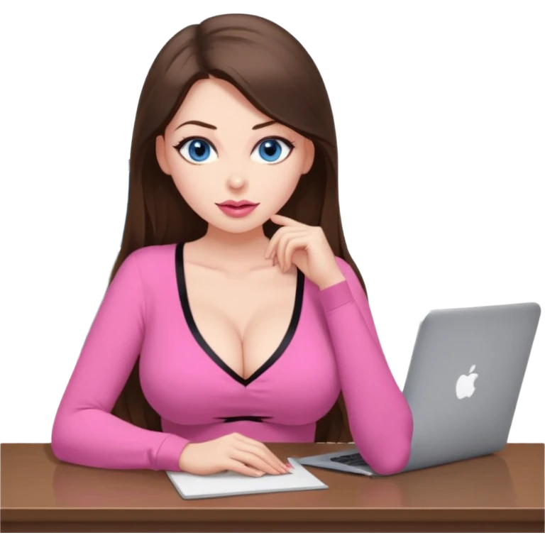 sexy woman brunette, very large breasts, pale skin, blue eyes, long brown hair, tight pink low cut  blouse, big pink lips, short black skirt. at desk emoji