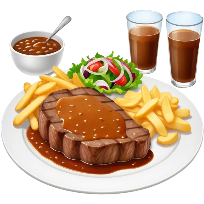 big juicy australian steak meal featuring chips, small salad in a ramiken and gravy  emoji