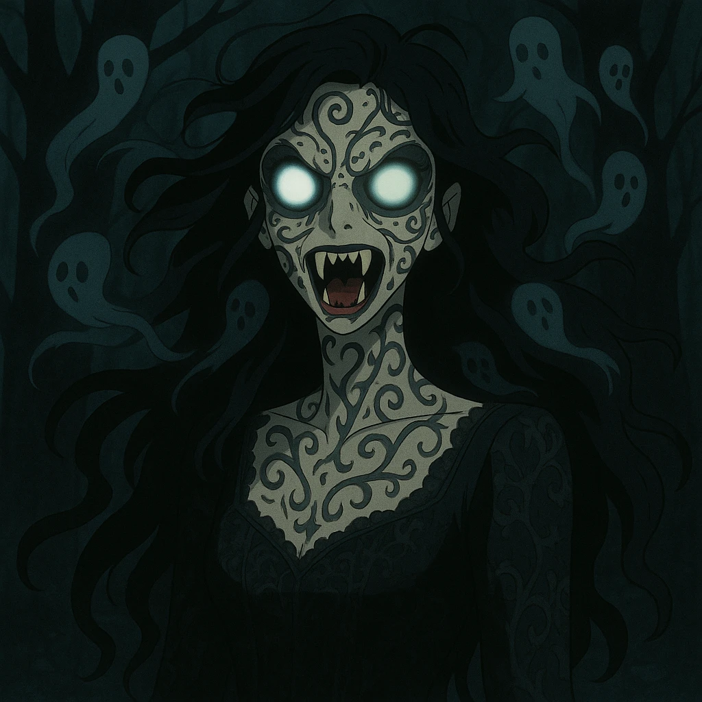Make the beautiful scary girl much scarier by adding disturbing supernatural features and intensifying the horror while keeping her haunting beauty in a gothic horror style. emoji