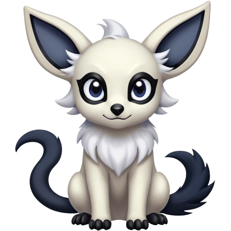 Absol-Umbreon, long thick black ears, no Scapha, black long tail, black eyes, white fur, black claws, cute big eyes, adorable emoji