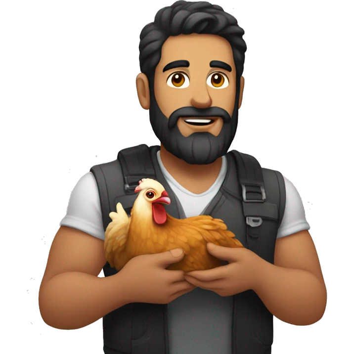Man with chicken in his hands with dark hair and beard emoji