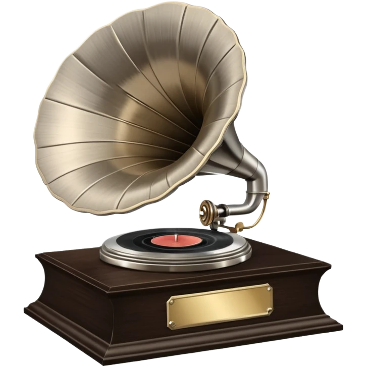 A platinum music award plaque: a square, polished platinum plate with a subtly textured, mirror-like finish, mounted on a simple dark wood base. The center features a relief of a vintage gramophone or stylized vinyl record in a slightly darker metallic tone.  emoji