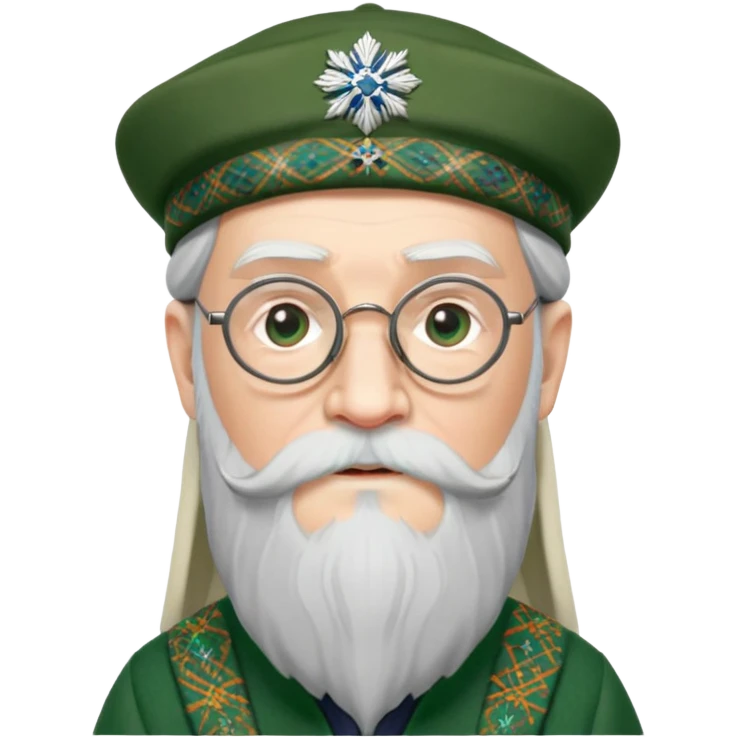 Dumbledore wear green scotland Tam o'shanter cap with decorative patterns, wear glasses, very long beard emoji