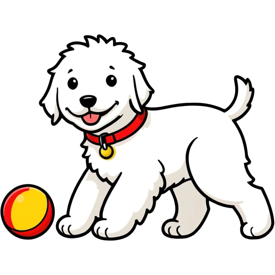 golden doodle with black collar catching a red and yellow ball emoji