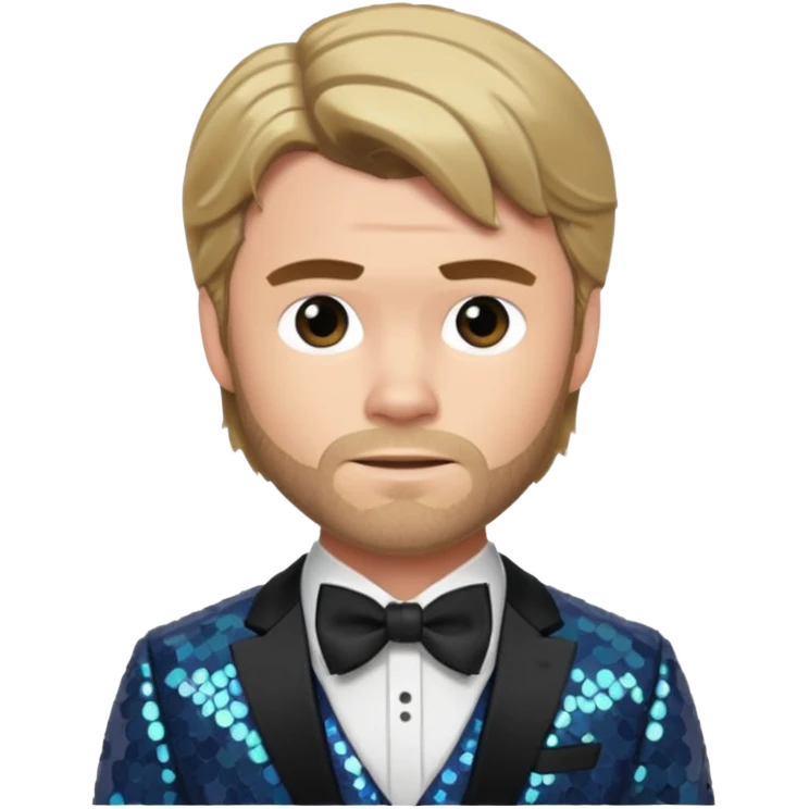 Chris Hemsworth with dark blonde hair, slate sequin suit with bow tie emoji