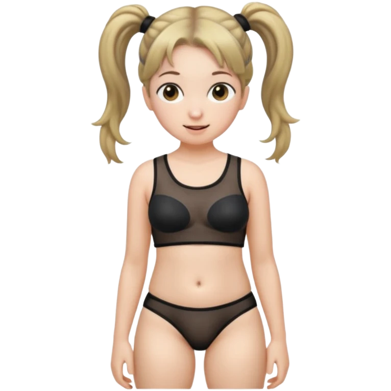 Her hair is in pigtails and her black mesh panties are see through and show thick pubic hair.  Her hips are wide and cocked emoji