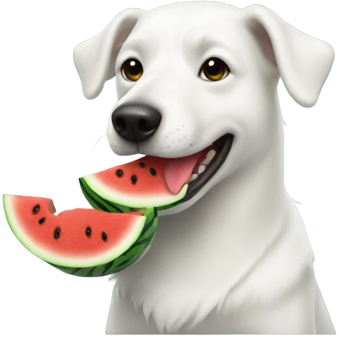 White dog with black eyes patch eating watermelon emoji