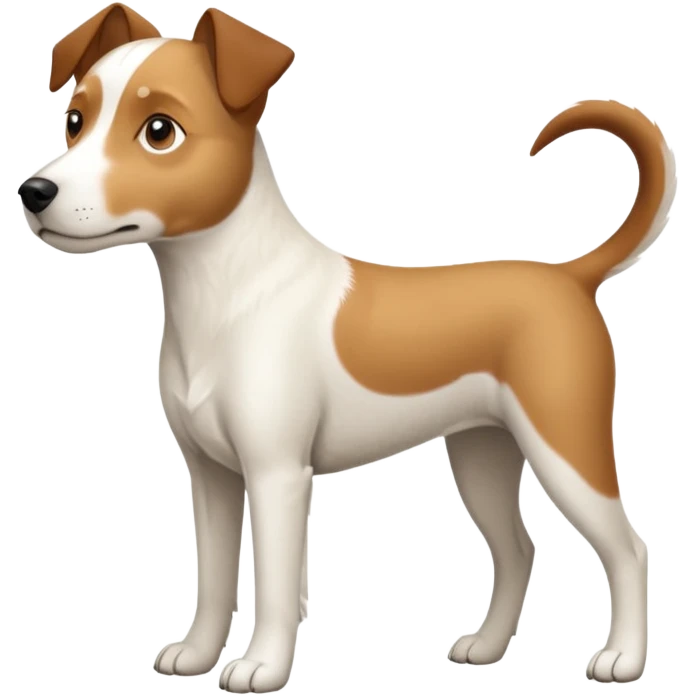 a full body large white parson russell looking dog the size of a kelpie with light brown flapped down ears and a light brown patch on one eye and a large snout emoji