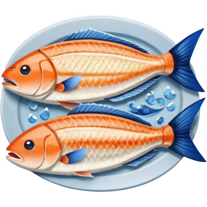 Fish dishes avatar in bright emoji-style illustration. Grilled fish, fillets, and seafood, blue and silver tones, simple shapes, flat design, fresh and flavorful. emoji