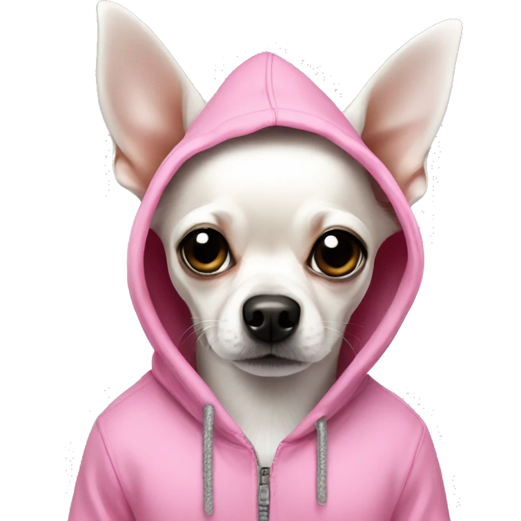 a white Chihuahua with one black ear with a pink hoodie  emoji