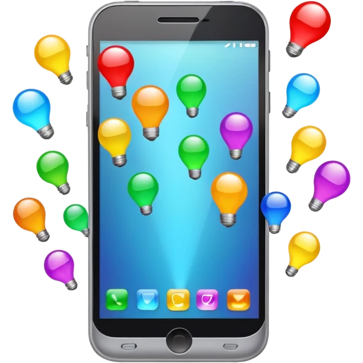 Generate a realistic emoji of a smartphone where a lot of things like data, ideas, inventions and creative stuff coming out of it. Whats coming  out of it spreads in the air  emoji