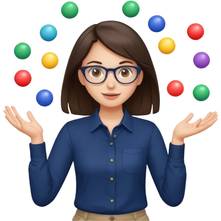 a cute brunette girl in a navy shirt wearing glasses,  juggling multicolored balls with two hands  emoji