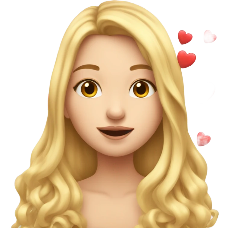 Blonde girl with long hair blowing a kiss in the air with hearts around her emoji