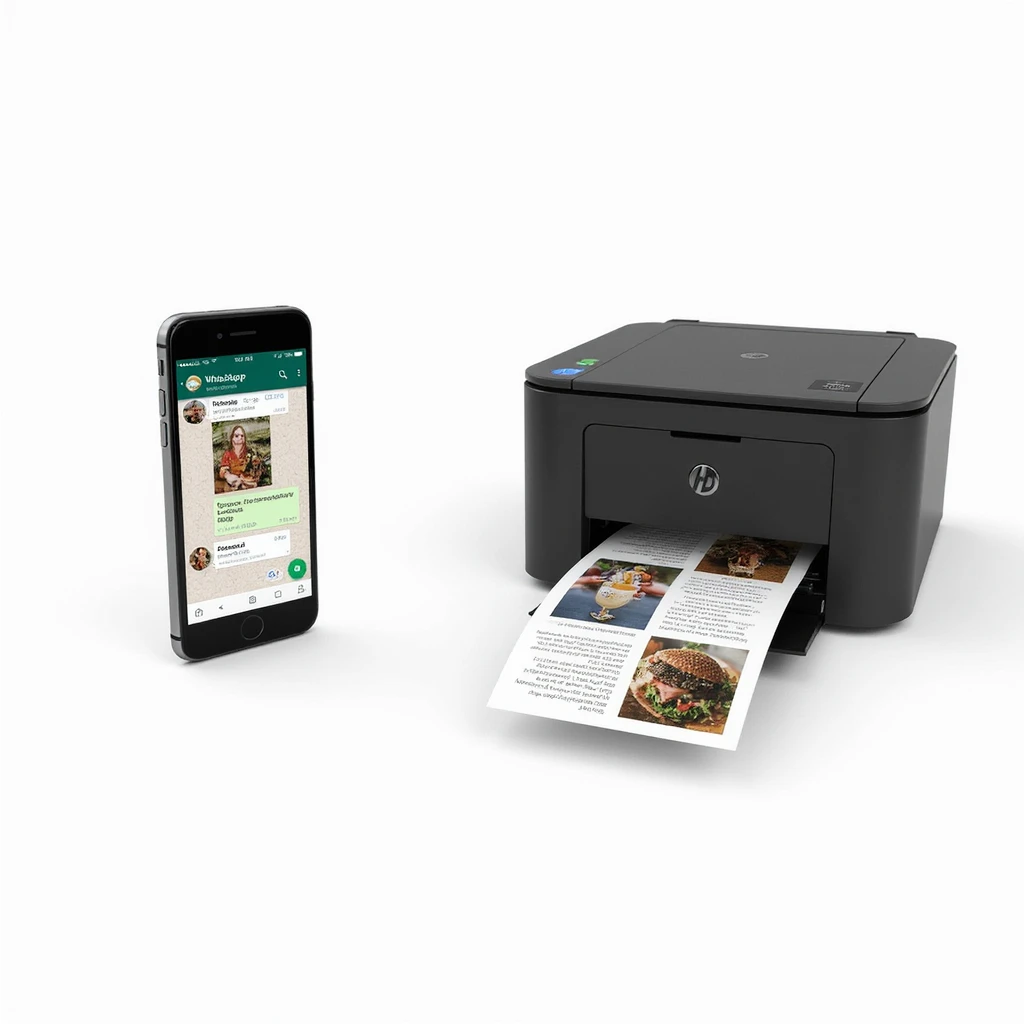 realistic thumbnail for a WhatsApp print out service, smartphone on the left side showing WhatsApp open with a chat containing images, PDFs, and documents being sent, printer on the right side printing out a mix of photos and documents, white background emoji