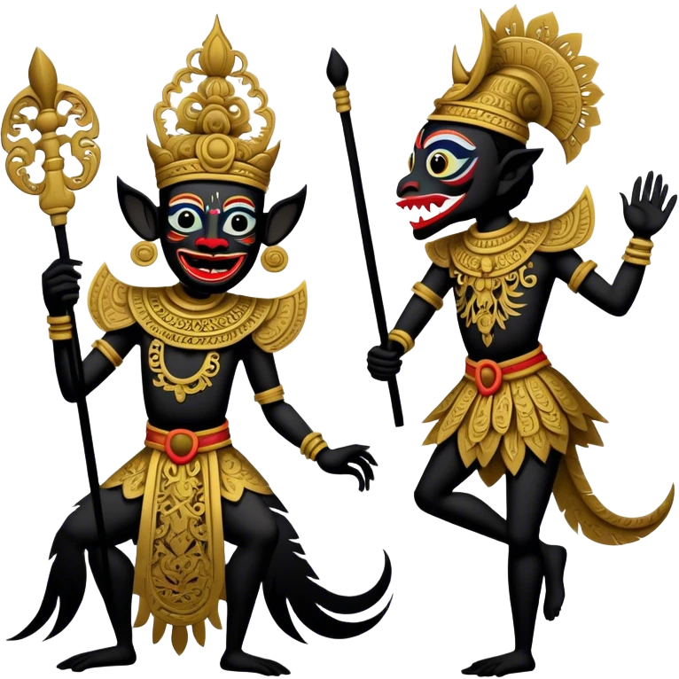 Wayang – Cinematic Realistic Wayang, depicted as intricately carved traditional Indonesian shadow puppets with expressive features and vibrant cultural motifs, set against a dark, dramatic backdrop with subtle glowing highlights that evoke the mystical art of shadow play. emoji