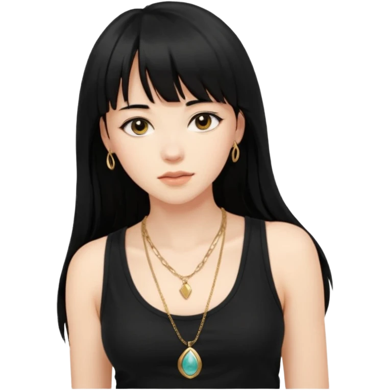 alrighht here’s just the person described for your emoji ai prompt:

> young woman, long black hair with bangs, soft expression, wearing a black tank top and gold necklace, confident pose, natural beauty, warm lighting on face, slightly tousled hair



lmk if u want it more detailed or stylized 🔥
 emoji