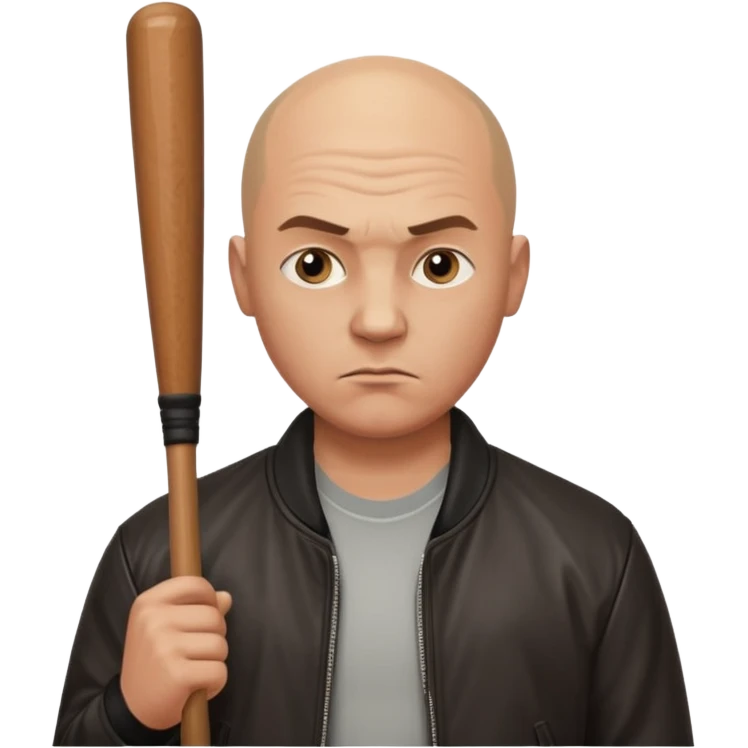 Bald Russian 1990s gangster emoji, leather jacket, , serious face with a bat emoji
