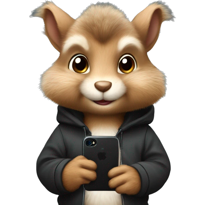 Cute realistic fluffy Squirrel with fluffy ears in black hoodie holding an iPhone  emoji