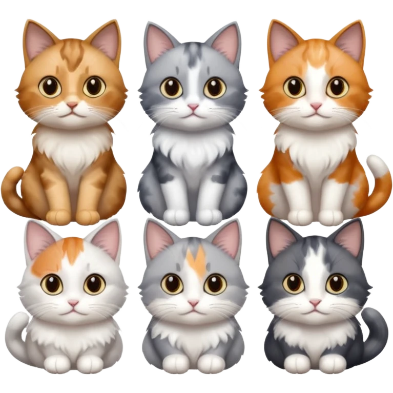 6 realistic looking cats with different natural coloured coats, assorted grey and white, greys, calico, brown and white colours etc
 emoji