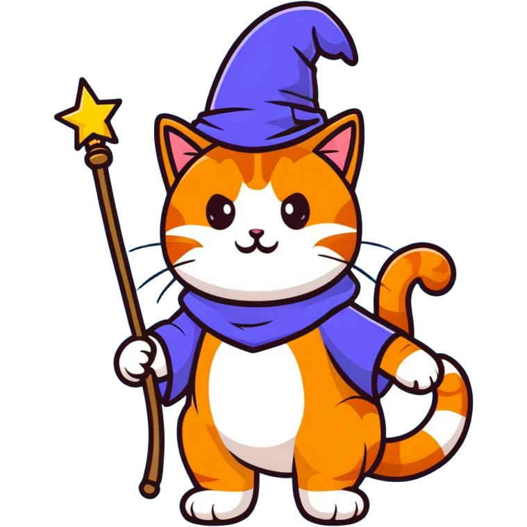 orange cat wearing wizard hat with magic wand emoji