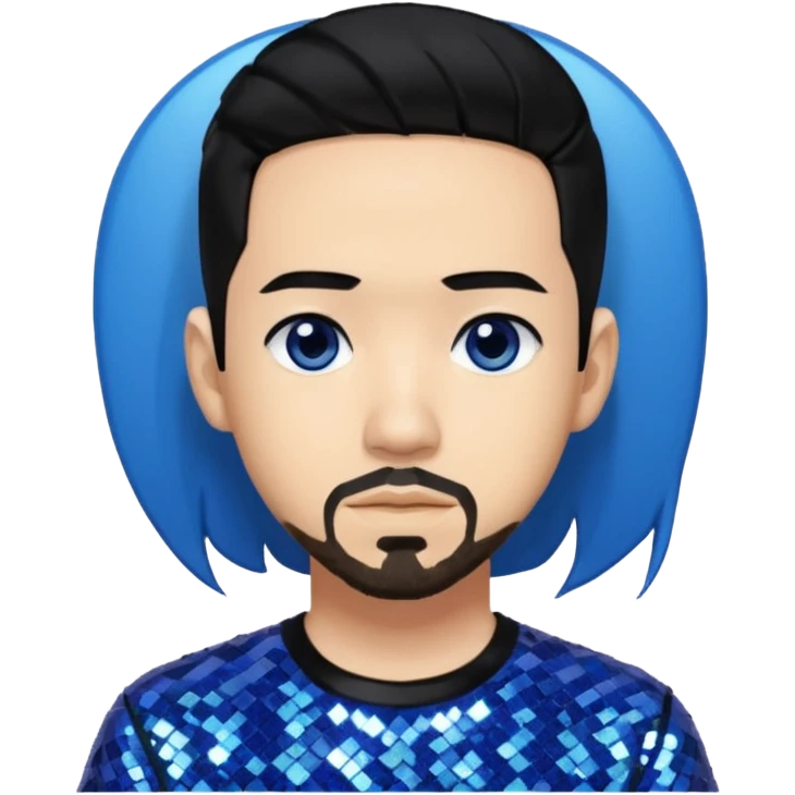 Mike Shinoda with black hair with blue highlight, black sequin shirt, brown eyes emoji